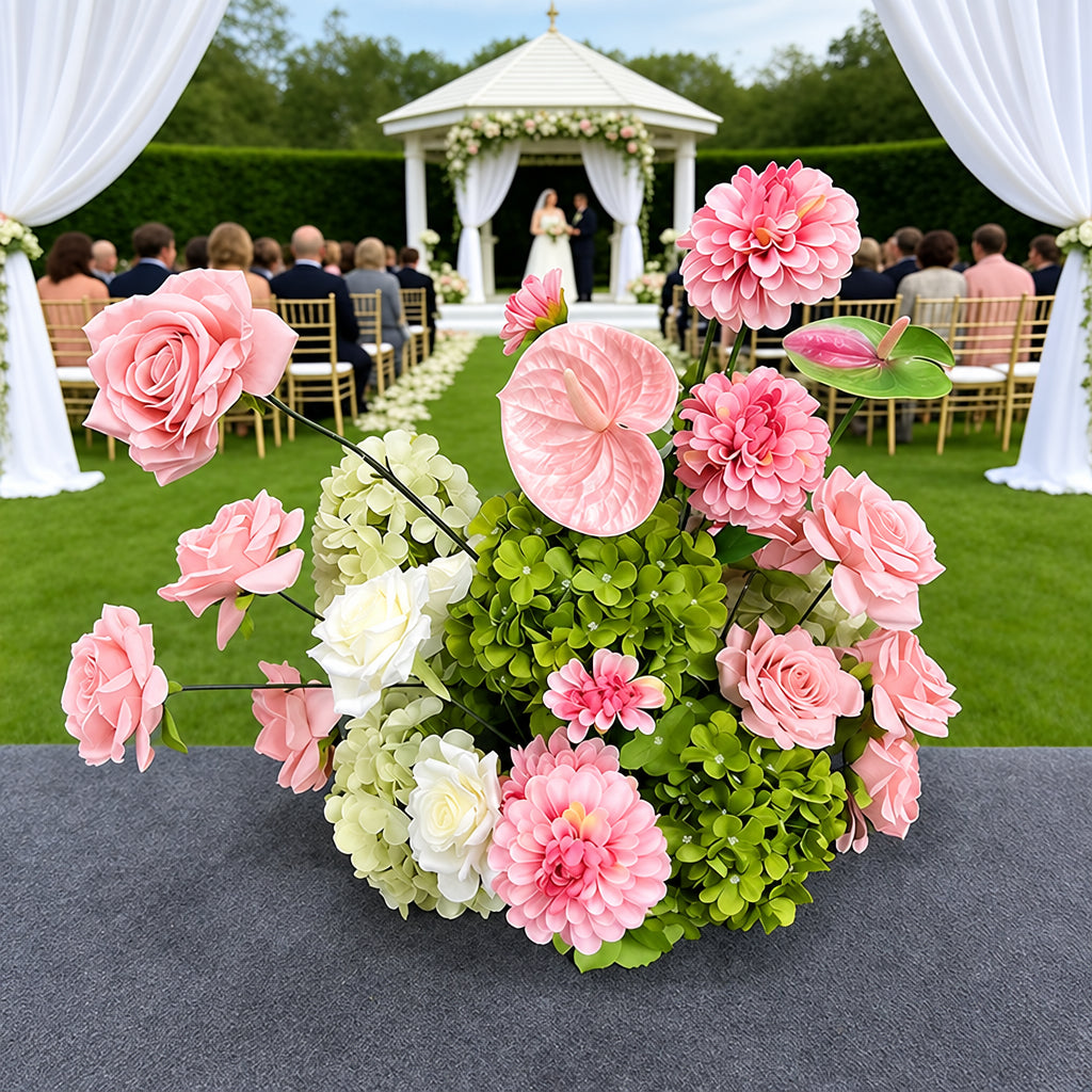 Composition florale artificielle rose et verte avec hortensias et anthuriums
