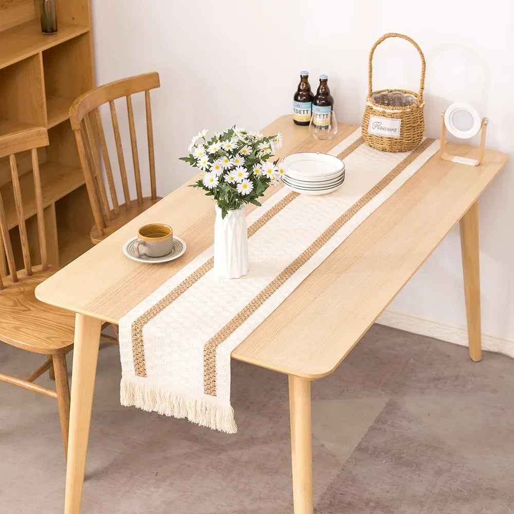 Chemin de table jute lin tissé main texture artisanale détail