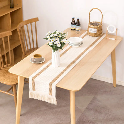 Chemin de table jute lin tissé main texture artisanale détail