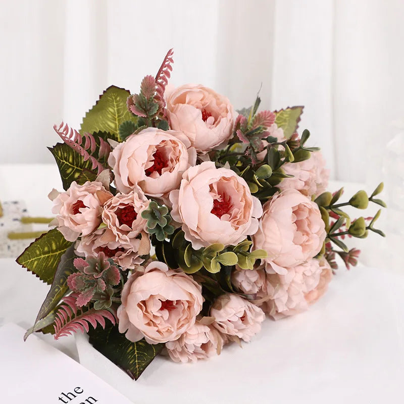 Pivoine artificielle rose champagne en soie, bouquet de 30 cm