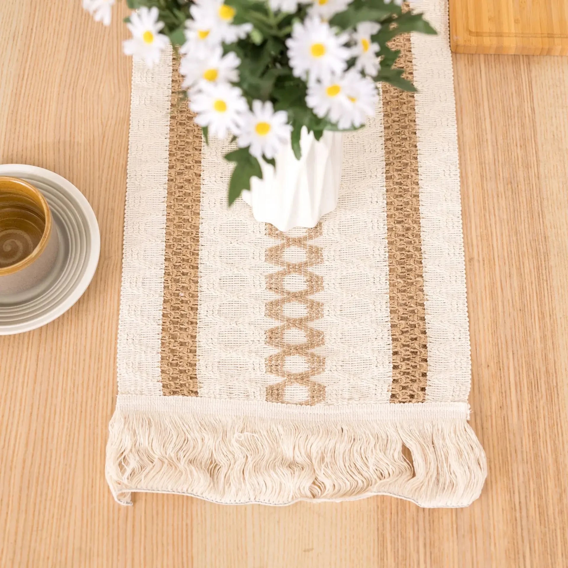 Chemin de table tissé main jute lin franges artisanales naturelles