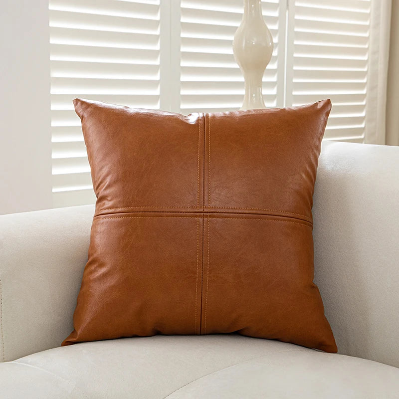 "Coussin décoratif marron cuir synthétique patchwork 50x50cm pour canapé"