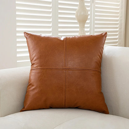 "Coussin décoratif marron cuir synthétique patchwork 50x50cm pour canapé"
