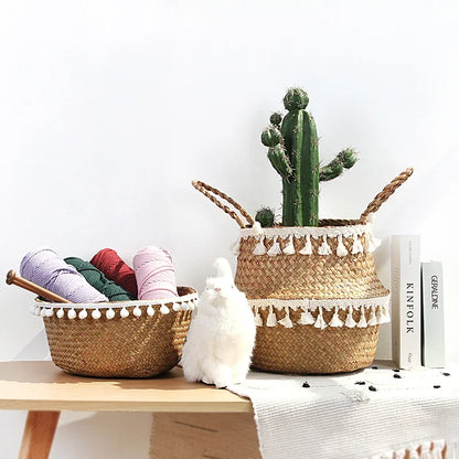 Panier en jonc de mer à franges avec cactus et panier à pelotes de laine