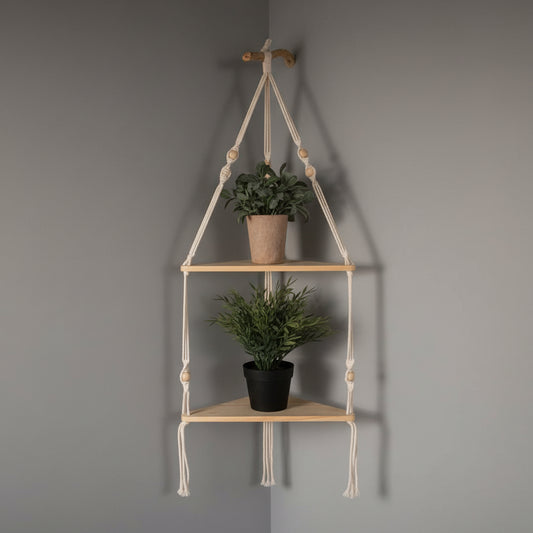 Etagere murale bois triangulaire macramé suspendue décoration bohème naturelle
