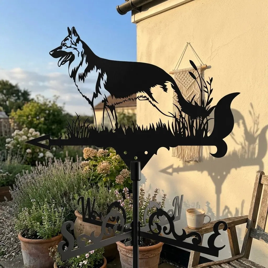 Silhouette d'un animal girouette Berger Allemand se détachant sur un ciel bleu avec nuages