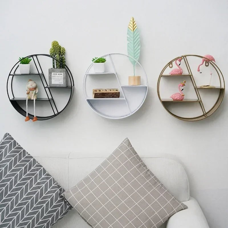 Spécifications étagère murale industrielle métal, options couleurs bronze et noir, formes hexagonale et ronde, organisateur rangement multifonction qualité
