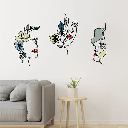"Decoration Murale pour Salon: trois visages féminins stylisés, art linéaire floral minimaliste."