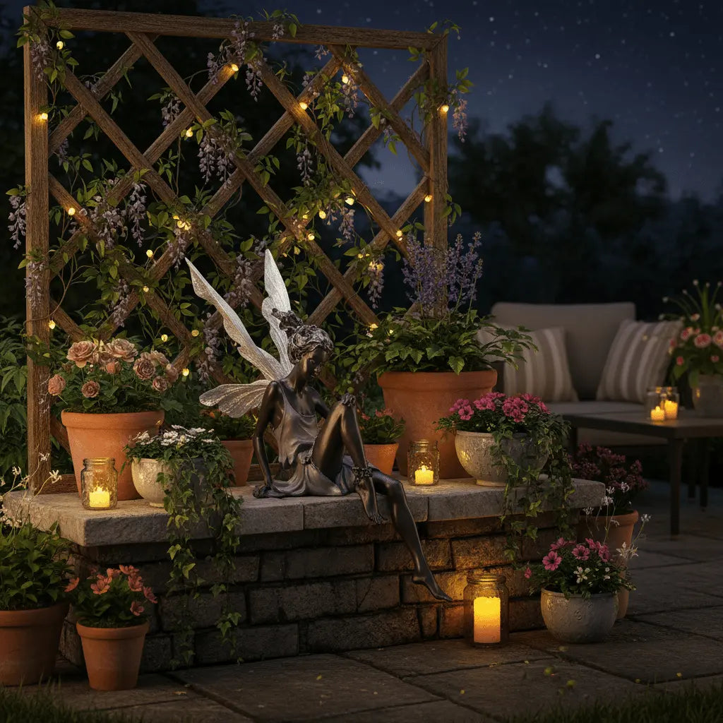 Terrasse enchantée décoration jardin fée résine entre pots fleurs plantes ambiance magique féerique soirée