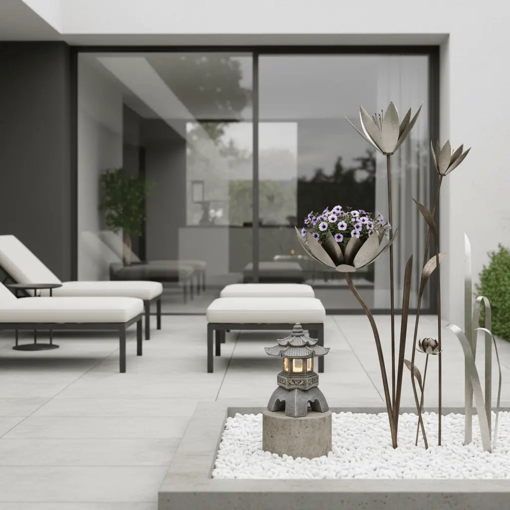 Terrasse moderne minimaliste décoration jardin Lantern design élégant accent sculptural contemporain épuré
