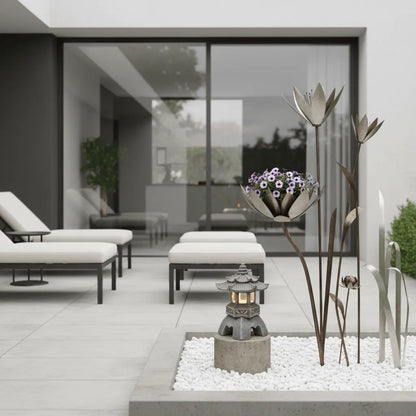 Terrasse moderne minimaliste décoration jardin Lantern design élégant accent sculptural contemporain épuré