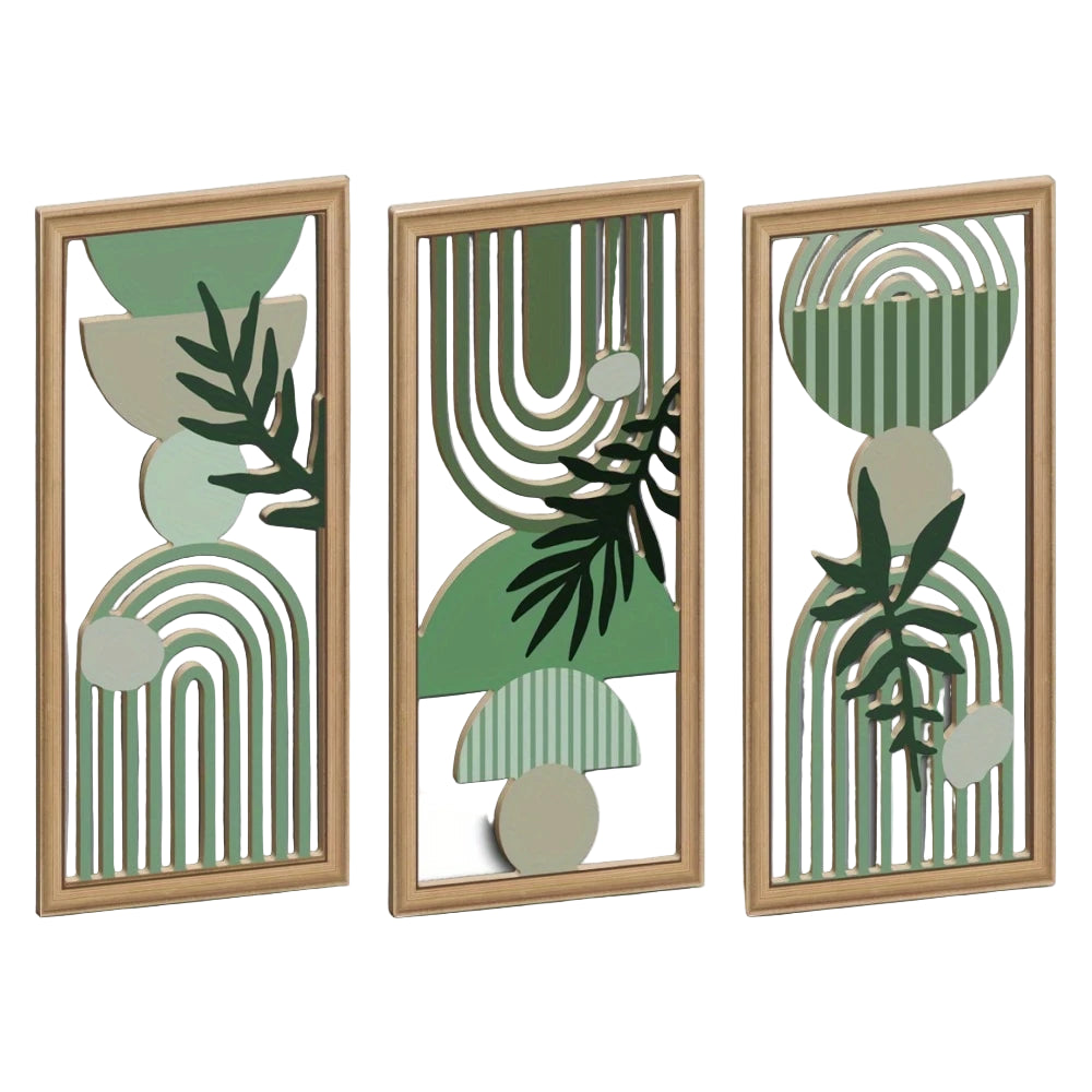 Decoration murale bois moderne, formes géométriques et feuilles vertes.