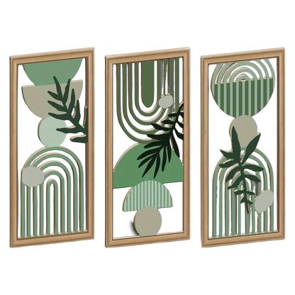 Decoration murale bois moderne, formes géométriques et feuilles vertes.