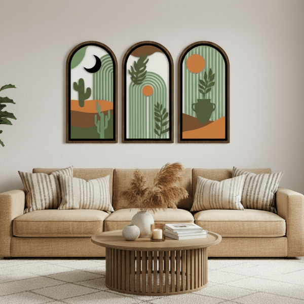 Trois Decoration murale bois archés abstraits modernes au-dessus d'un canapé beige.