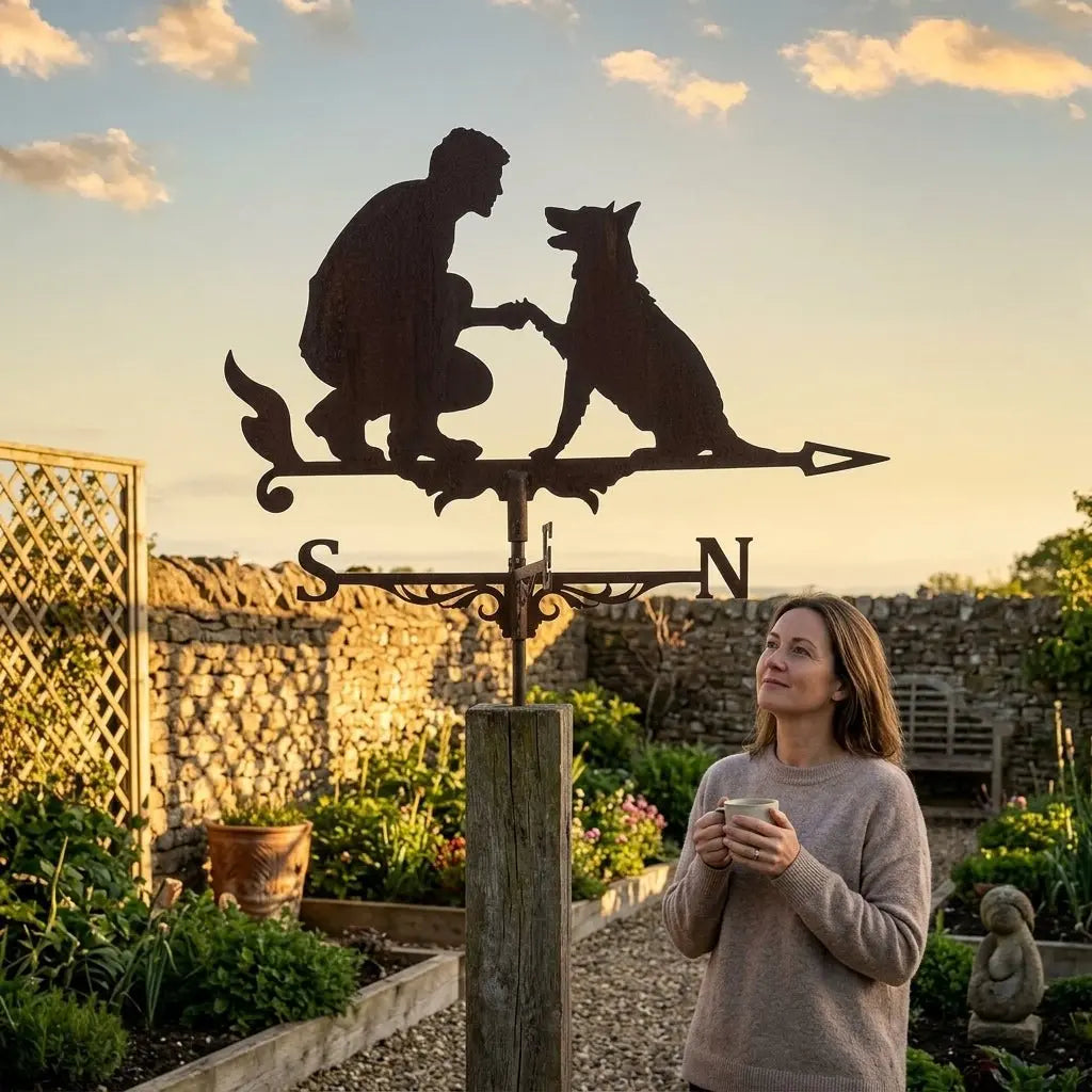 Une girouette animal en fer forgé représentant la silhouette d'une personne et d'un chien sous un ciel bleu nuageux.