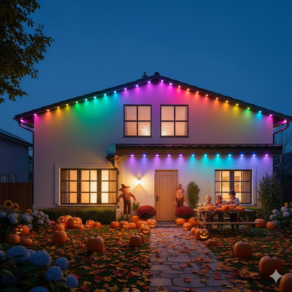 Guirlande lumineuse extérieure LED sur maison décorée pour Halloween et l'automne