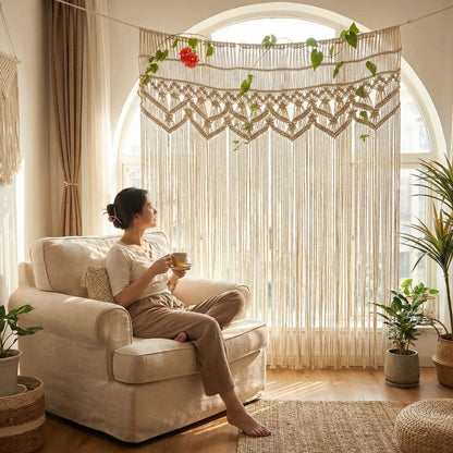 Vue complète macramé é rideaux coton naturel tissé main montrant motifs géométriques et franges