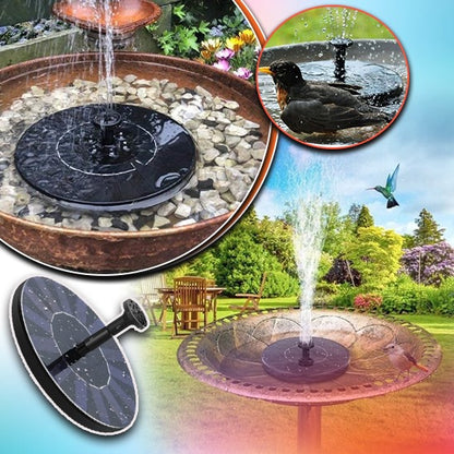 Dans un décor de jardin, la fontaine deau solaire Sun-Founᵀᴹ/Fontaine deau solaire de Mafrenesiedecoration enchante avec un oiseau sirotant son jet rafraîchissant. Un colibri vole à côté, tandis que la base solaire ronde et noire se niche parmi des plantes luxuriantes à côté dune table en bois rustique.