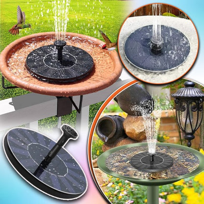 Collage de fontaines solaires écologiques dans des bains doiseaux et des jardins. Présente Sun-Founᵀᴹ de Mafrenesiedecoration, une fontaine solaire ronde noire avec jet deau vers le haut, au milieu de pelouses vertes, de fleurs colorées et dun oiseau à proximité.