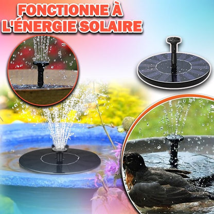 Le Sun-Founᵀᴹ de Mafrenesiedecoration est un élément aquatique écologique alimenté par lénergie solaire, doté dun panneau noir flottant et dune buse. Les images le montrent dans un bol bleu avec un bain doiseaux. Le texte « Fonctionne à lénergie solaire » souligne son adéquation parfaite à votre jardin écologique.