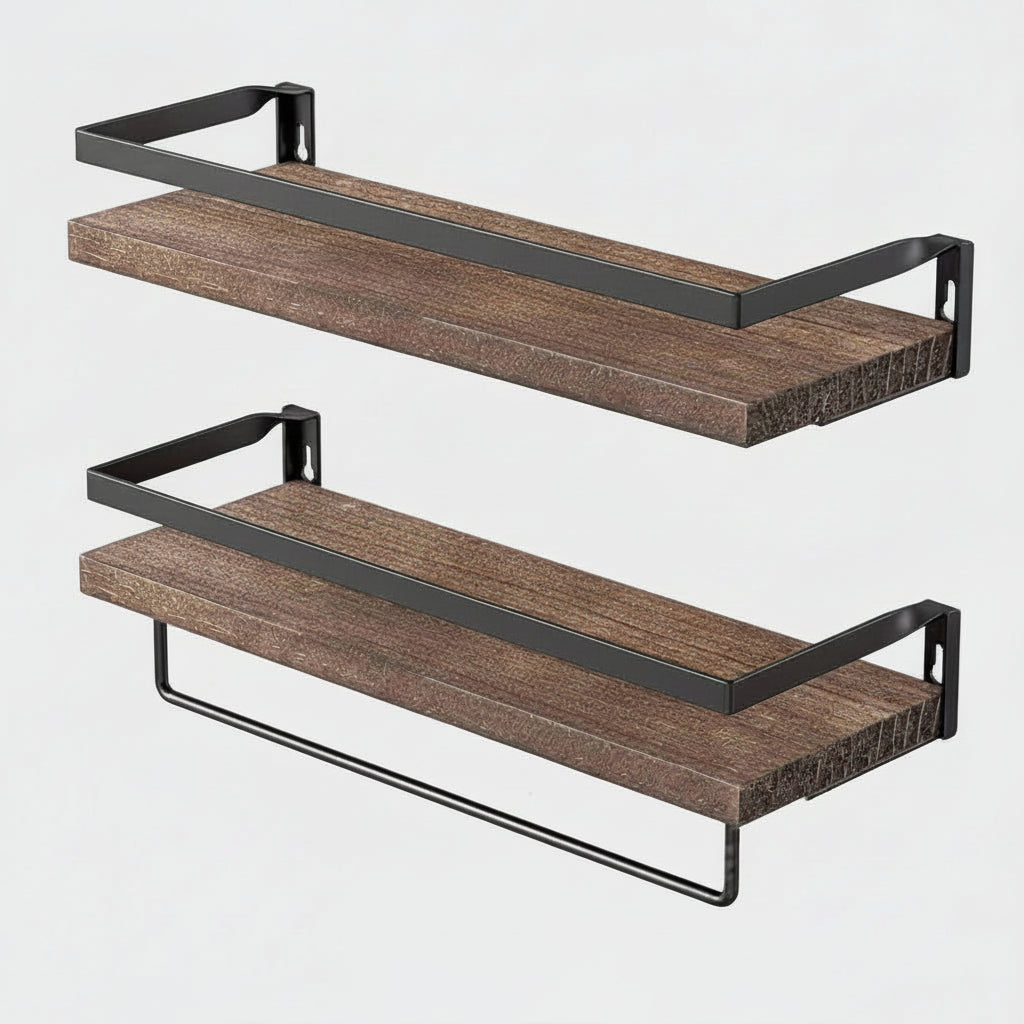 Etagere murale en bois double niveau brun foncé massif métal thermolaqué
