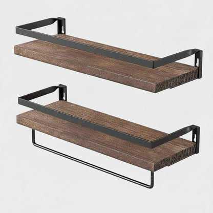 Etagere murale en bois double niveau brun foncé massif métal thermolaqué
