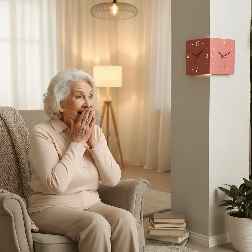 Anciana emocionada mirando el reloj rosado