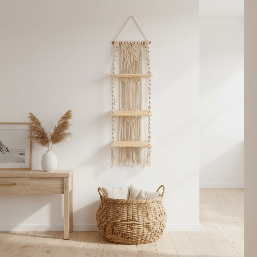 Art mural macramé coton naturel style coastal dans entrée moderne lumineuse