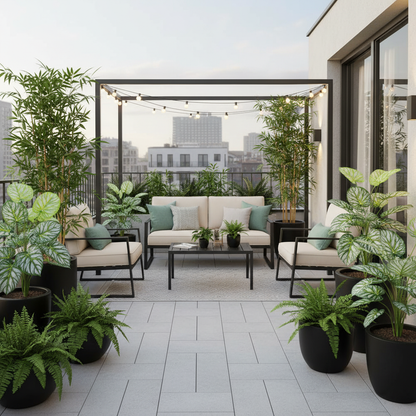 Balcon urbain élégant plante artificiel atmosphère fraîche sophistiquée