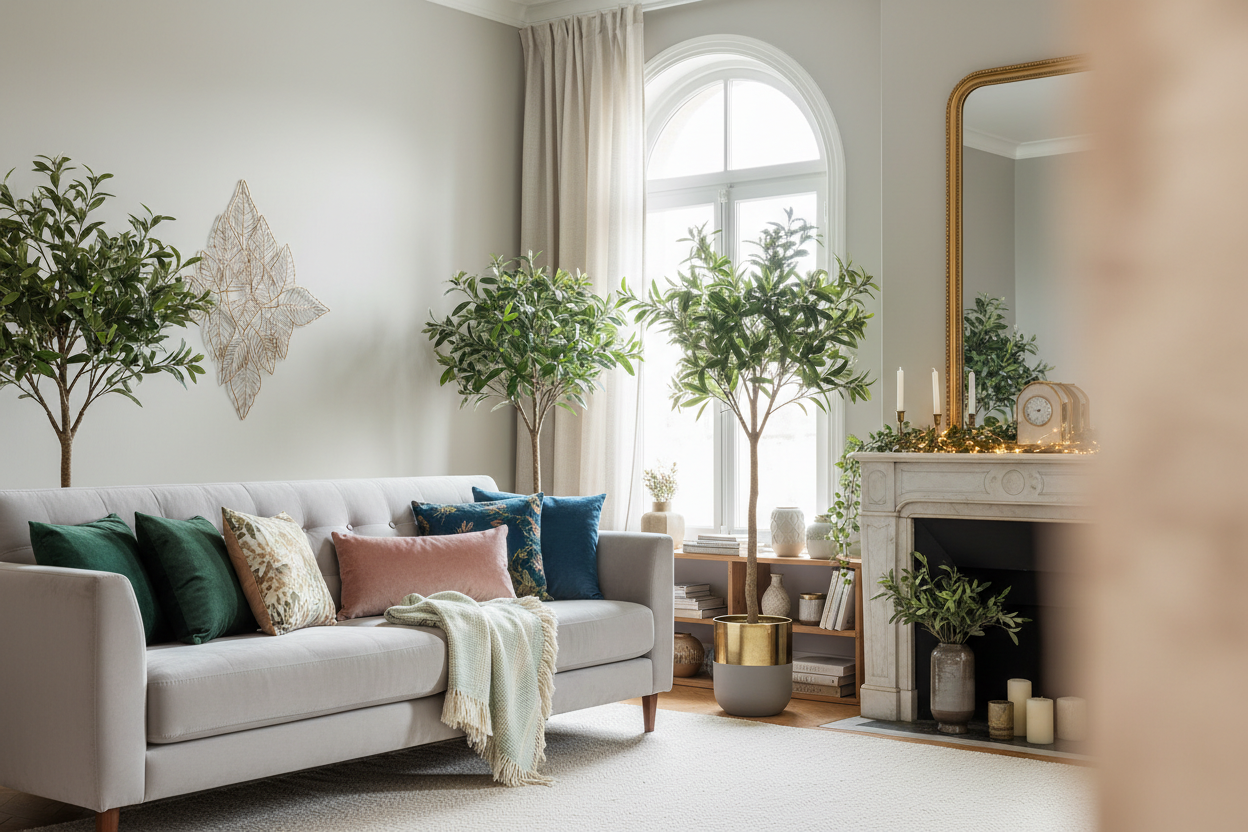 Banner interior de sala de estar con cojines decorativos, plantas artificiales, guirnaldas luminosas y decoración mural