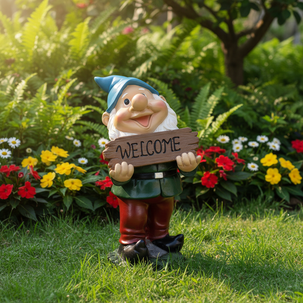 Nain de jardin rigolo bienvenue panneau welcome sourire accueillant décoration entrée