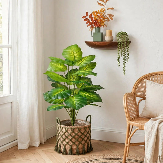 Pack Cadeau Coin Plante Bohème — Plante Artificielle + Cache-Pot Macramé + Étagère Demi-Lune