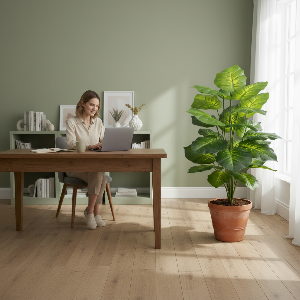 Bureau maison plante artificielle haut de gamme bien-être atmosphère calme verte productivité sans entretien