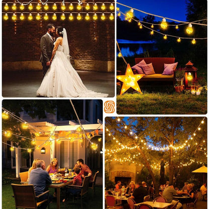 Un collage de quatre scènes extérieures mettant en vedette les guirlandes solaires extérieur dEcoLume : une mariée et un marié dansant, un coin salon confortable au bord du lac, un dîner de famille sur une terrasse et des rassemblements sous ces charmantes lumières solaires dans un jardin.