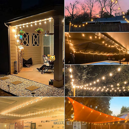 Un collage présente des espaces extérieurs avec des guirlandes lumineuses chaleureuses et la Guirlande solaire | SolarZen, mettant en valeur des scènes de porche, de patio et darrière-cour au coucher du soleil. Ces lumières mettent en valeur léclairage extérieur au bord de la piscine et une zone couverte par un auvent, créant une ambiance chaleureuse.