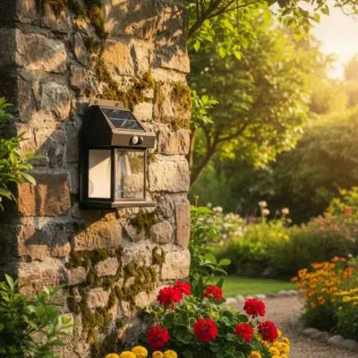 Éclairage avec une lampe solaire jardin haut de gamme Solar-LED™ illuminant un sentier en pierre entouré de végétation au crépuscule.
