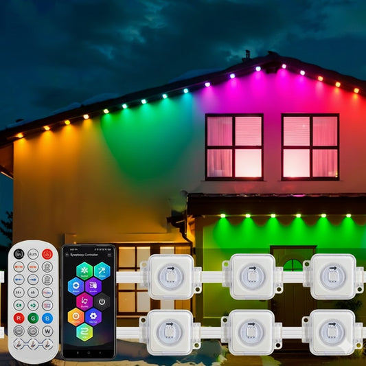 Guirlande lumineuse extérieure LED sur maison, avec télécommande et application.