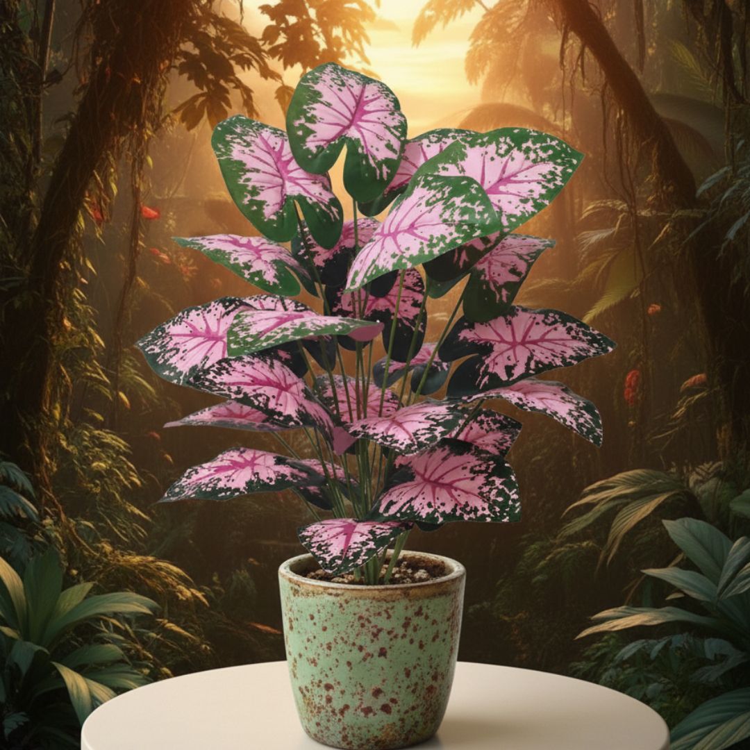 Monstera artificielle plantes artificielle extérieu à feuilles roses et vertes sur une table blanche, fond jungle