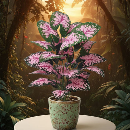 Monstera artificielle plantes artificielle extérieu à feuilles roses et vertes sur une table blanche, fond jungle