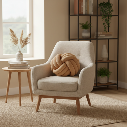 Composition déco bohème avec coussin noué décoratif accessoires maison style naturel
