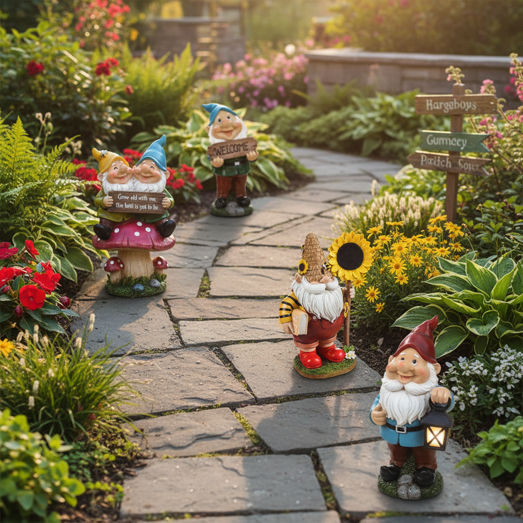 Nain de jardin rigolo collection allée jardin bordure plantes ambiance joyeuse
