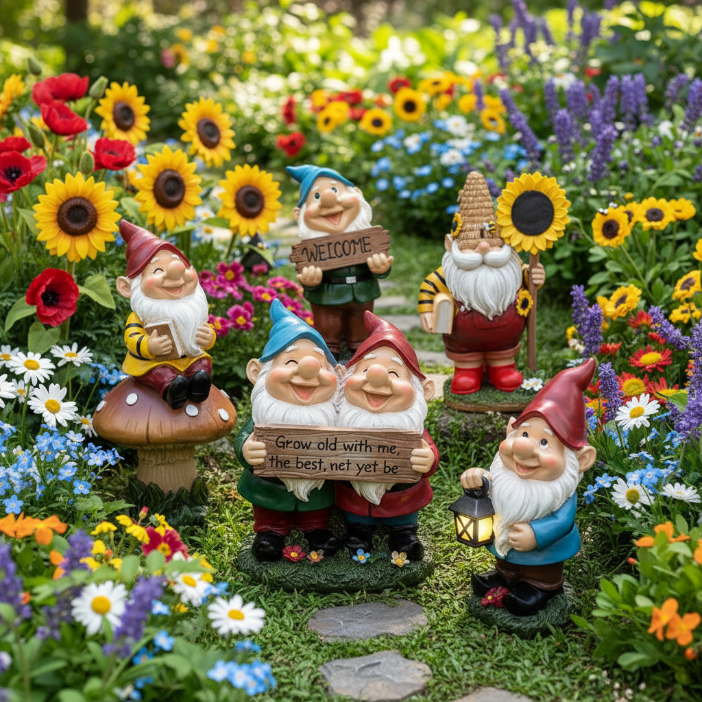 Nain de jardin rigolo collection 5 variantes résine jardin fleuri optimiste