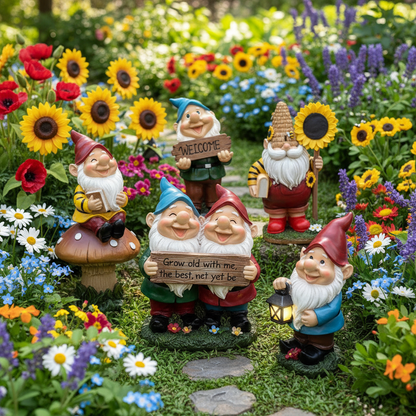 Nain de jardin rigolo collection 5 variantes résine jardin fleuri optimiste