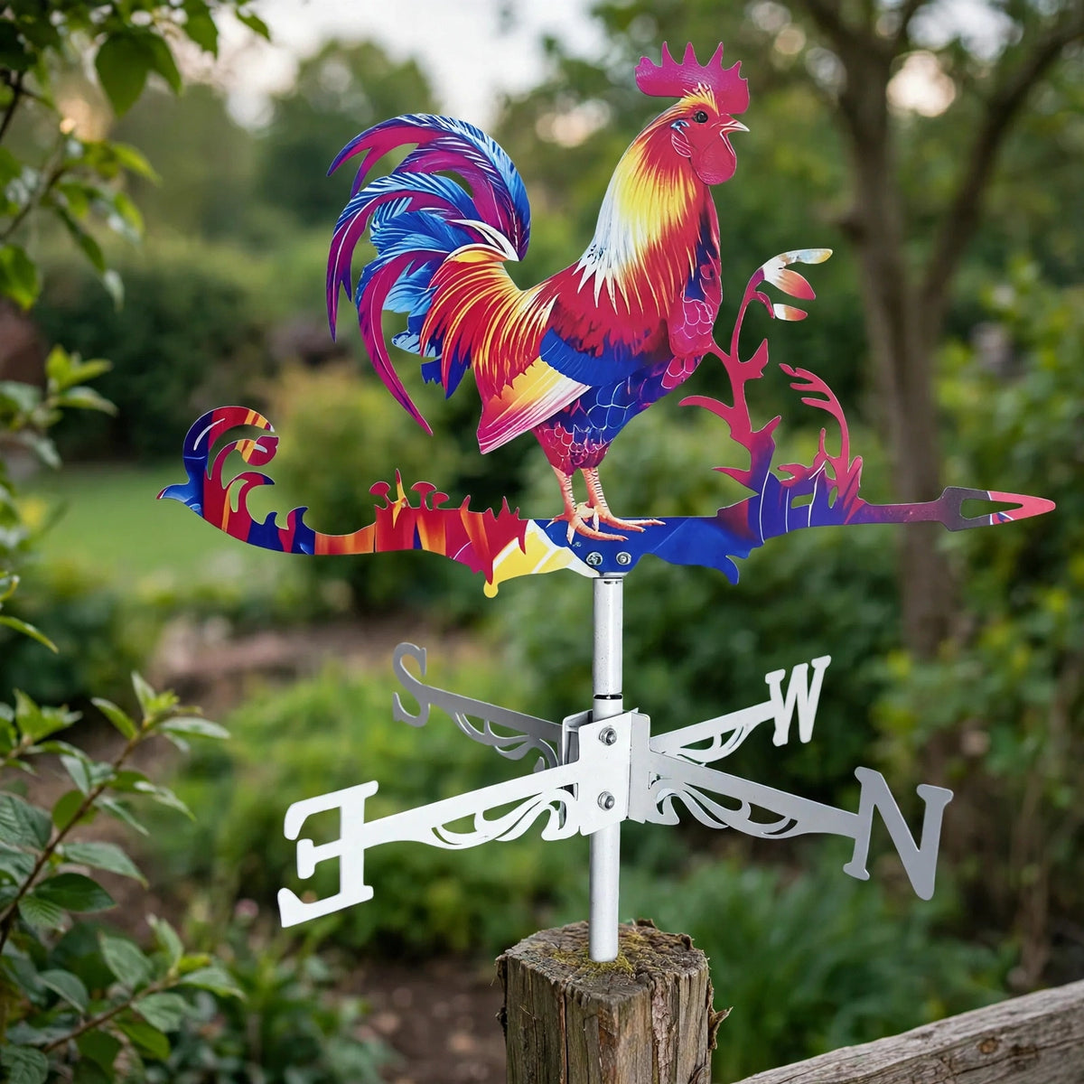 Girouette coq colorée montée sur un piquet en bois dans un jardin verdoyant