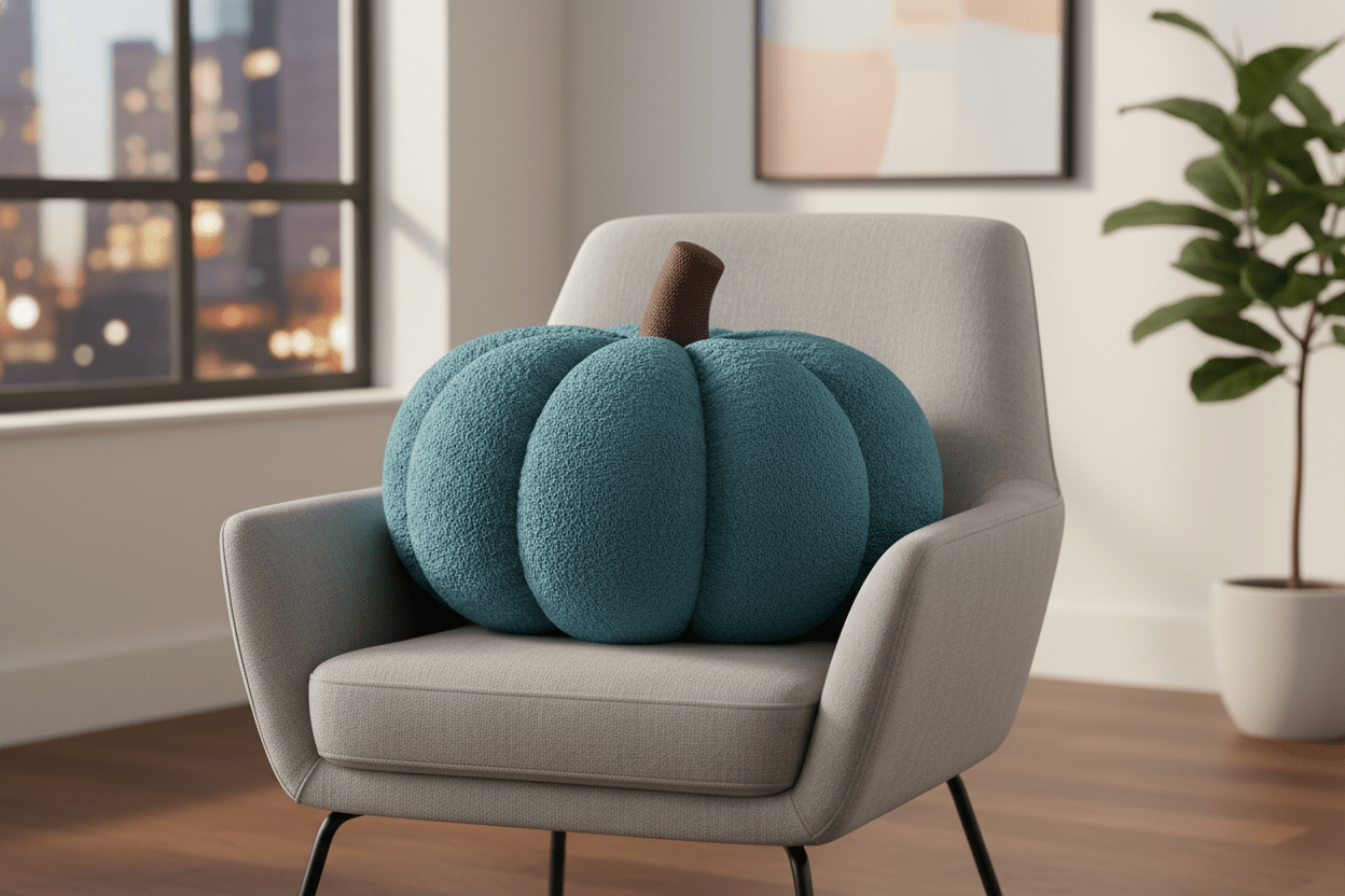 Coussin décoratif citrouille bleu canard XXL sur fauteuil contemporain style urbain
