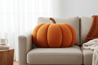 Coussin citrouille orange en texture sherpa avec tige décorative vue frontale
