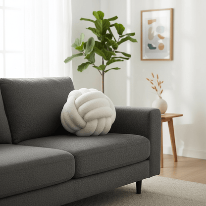 Coussin décoratif noué sur canapé gris style scandinave dans salon moderne lumineux
