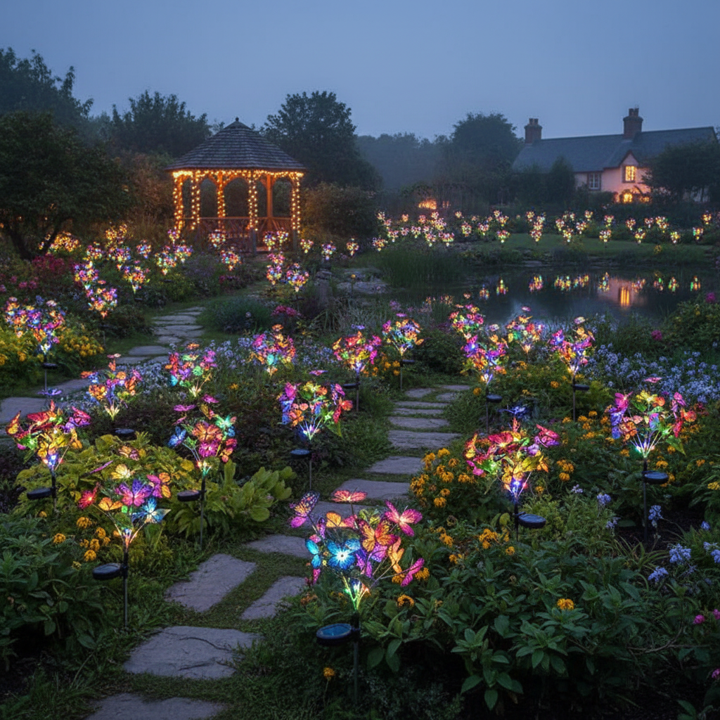 Décoration jardin créant atmosphère féerique crépuscule éclairage coloré magique