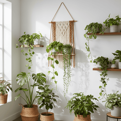 Décoration macramé avec plantes retombantes vertes jungle urbaine botanique art textile