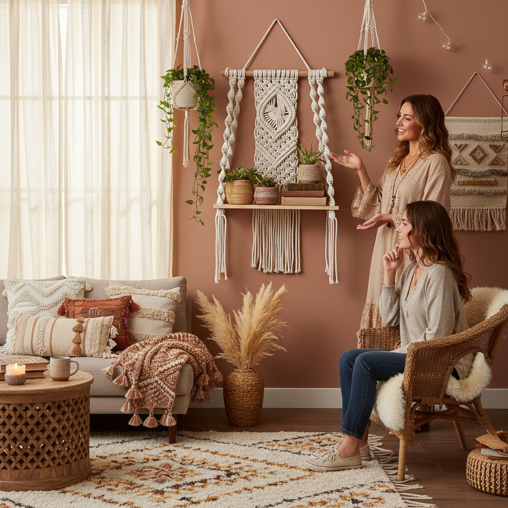Décoration macramé dans salon bohème intérieur art mural tressé atmosphère chaleureuse